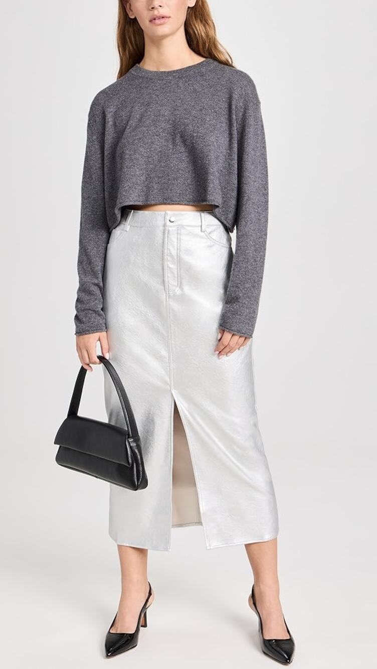 WAYF Silver Vegan Leather Midi Skirt | Metallic Faux Leather | Size XS
